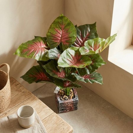 نبتة صناعية بأوراق حمراء وخضراء بوعاء زخرفي